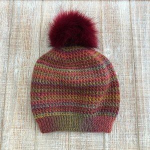 Handmade Crochet Burgundy PomPom Stripe Beanie Hat